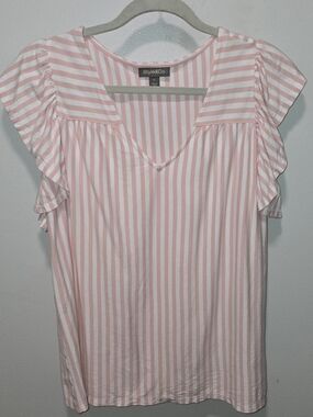 Style & Co. Light Pink & White Striped V-Neck Flutter Sleeve Blouse